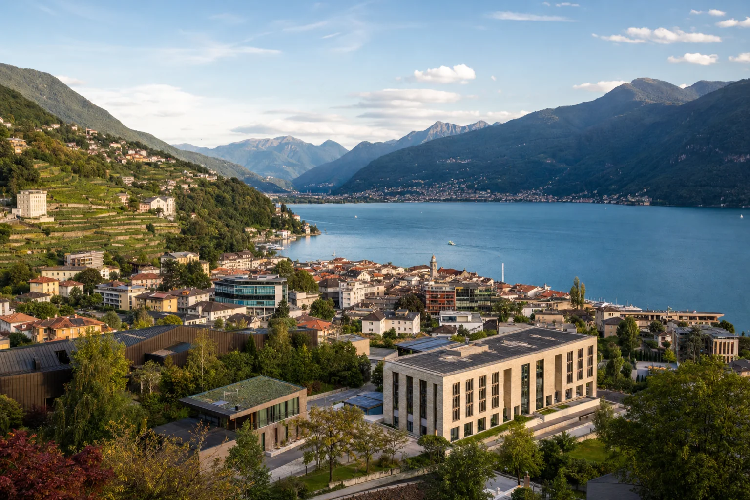 Paesaggio lacustre alpino con borgo, territorio e attivita' locali